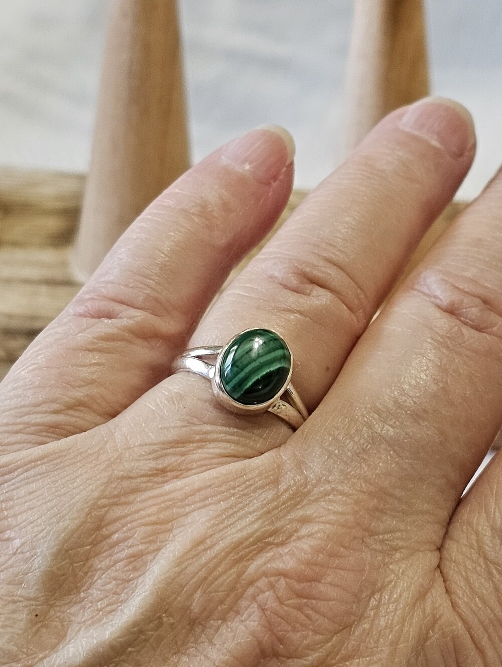 Green Malachite Sterling Silver .925 Oval Ring Size 6 3/4 - Picture 4 of 6